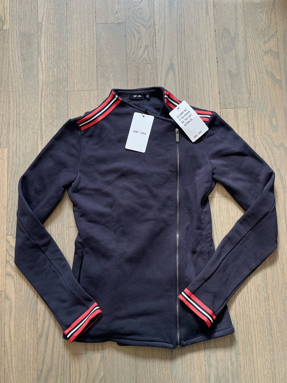 NWT Saint + Sofia Cotton Biker Jacket Navy Stripe Size US 2